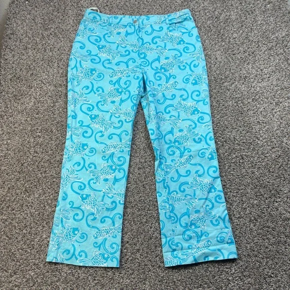Lilly Pulitzer Womens 14 Turquoise Blue Goldfish Print Straight Leg Pants Cotton - Picture 1 of 8